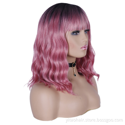 Ombre Pink Wavy Wig with Flat Bangs 14" Synthetic Natural Hair Heat Resistant Fiber Cosplay Wig for Women